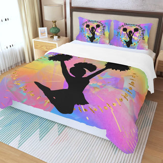 a bed with a picture of a cheerleader on it