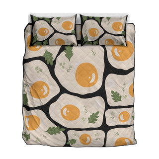 a bed with an orange pattern on it