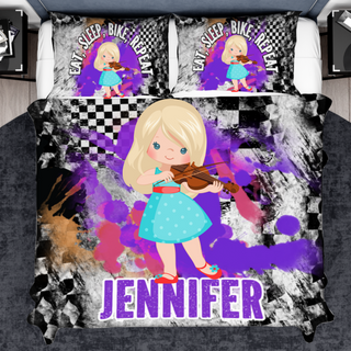 a bed with a picture of a girl playing a violin