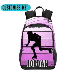 a purple and black backpack with a skateboarder on it