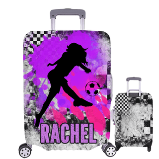 a suitcase with a picture of a girl playing soccer