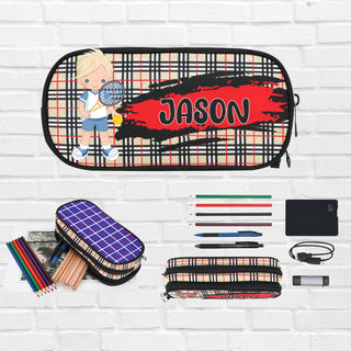 a pencil case, pencils, pencils, pencils, and other items