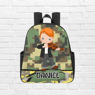 a backpack with a picture of a boy playing a violin