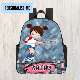 a backpack with a picture of a girl playing tennis