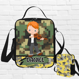 a backpack with a picture of a boy playing a violin