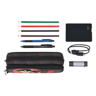 a pencil case, a pen, a pencil holder, and other items