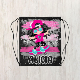 a drawsack bag with an image of a girl on it