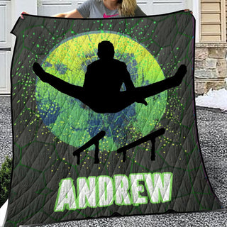 a woman holding a blanket with a picture of a snowboarder