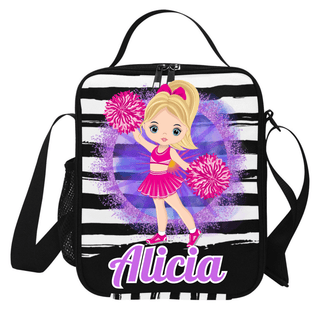 a black and white striped bag with a cartoon girl holding a pom pom