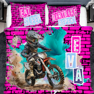 a person riding a dirt bike on a pink brick wall