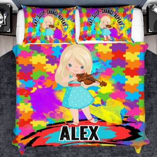 a bed with a girl playing a violin on it