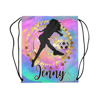 a drawsack bag with a girl kicking a soccer ball