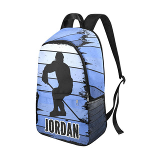 a backpack with a picture of a man on it