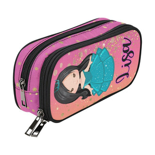 a pink pencil case with a picture of a girl on it