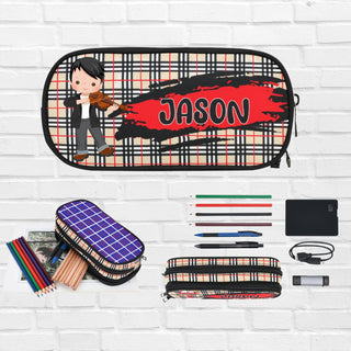 a personalized pencil case with a boy holding a violin