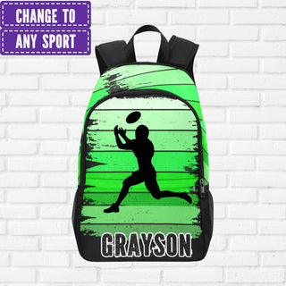 a green backpack with a picture of a man catching a ball