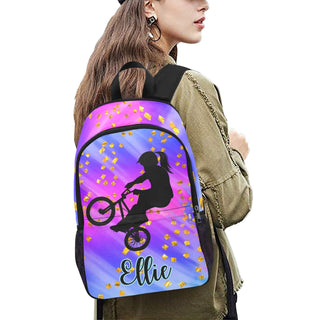 a woman wearing a purple and blue backpack with a girl on a bike