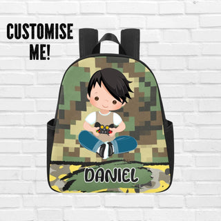 a backpack with a picture of a boy on it