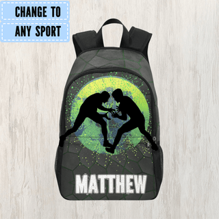 a back pack with a picture of two men wrestling