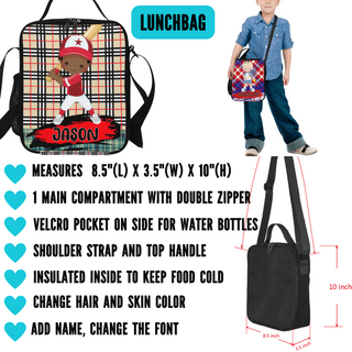 a picture of a child's lunch bag with measurements