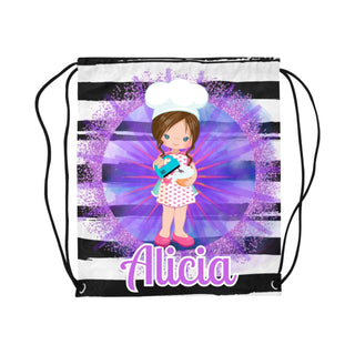 a drawsack bag with an image of a girl holding a cat