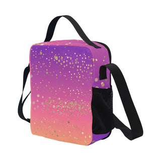 a pink and purple lunch bag with a black strap