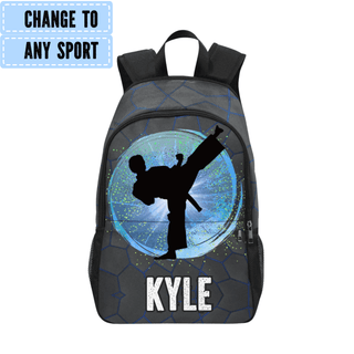 a backpack with a picture of a man doing karate