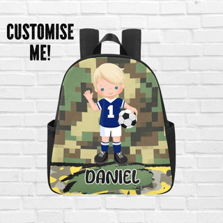 a backpack with a picture of a boy holding a soccer ball