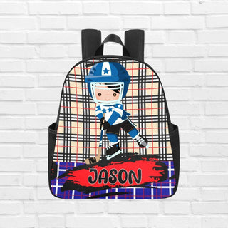 a backpack with a picture of a hockey player on it