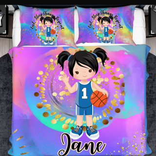 a bed with a cartoon girl holding a basketball