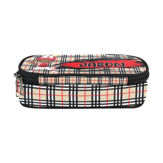 a black and white checkered case with a red logo