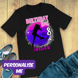 a birthday shirt with a girl's name and a soccer ball