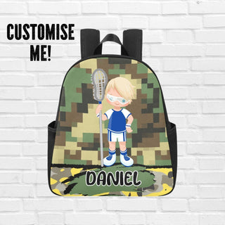 a backpack with a picture of a boy holding a tennis racket