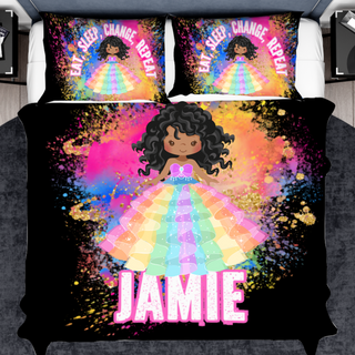 a bed with a black girl with a rainbow dress on it