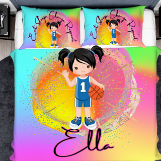 a bed with a cartoon girl holding a basketball