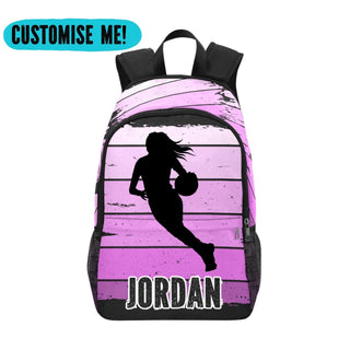 a purple and black backpack with a basketball player on it