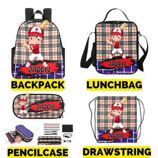 a back pack, lunch bag and pencil case