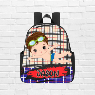 a backpack with a picture of a boy in the back