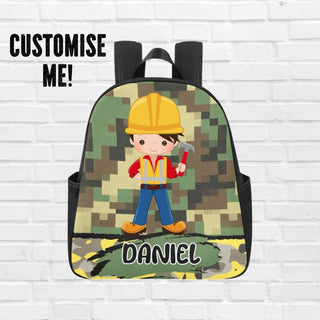 a backpack with a picture of a construction worker on it