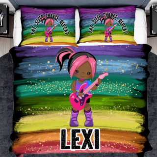 a bed cover with a cartoon girl playing a guitar