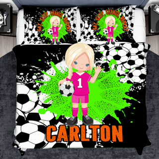 a bed with a cartoon girl holding a soccer ball