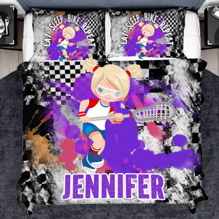 a bed with a picture of a girl with a tennis racket