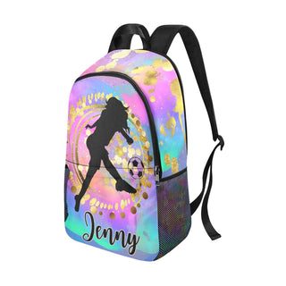 a colorful backpack with a girl's silhouette on it