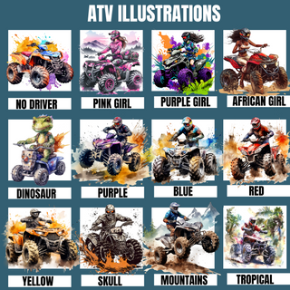 a poster with a bunch of atv illustrations on it