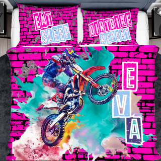 a person riding a dirt bike on a pink brick wall