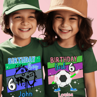 two young children wearing matching shirts and hats