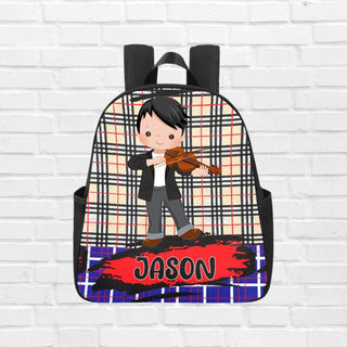 a backpack with a picture of a boy playing a violin