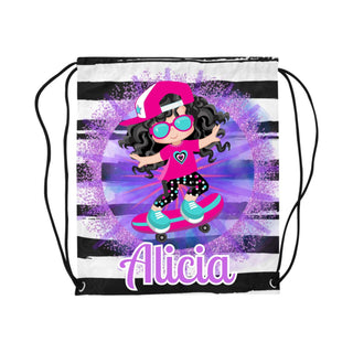 a drawsack bag with a girl on a skateboard