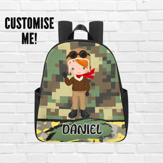 a backpack with a picture of a boy wearing sunglasses