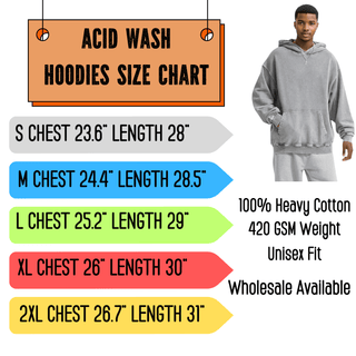 a man standing next to a sign that says acid wash hoodies size chart